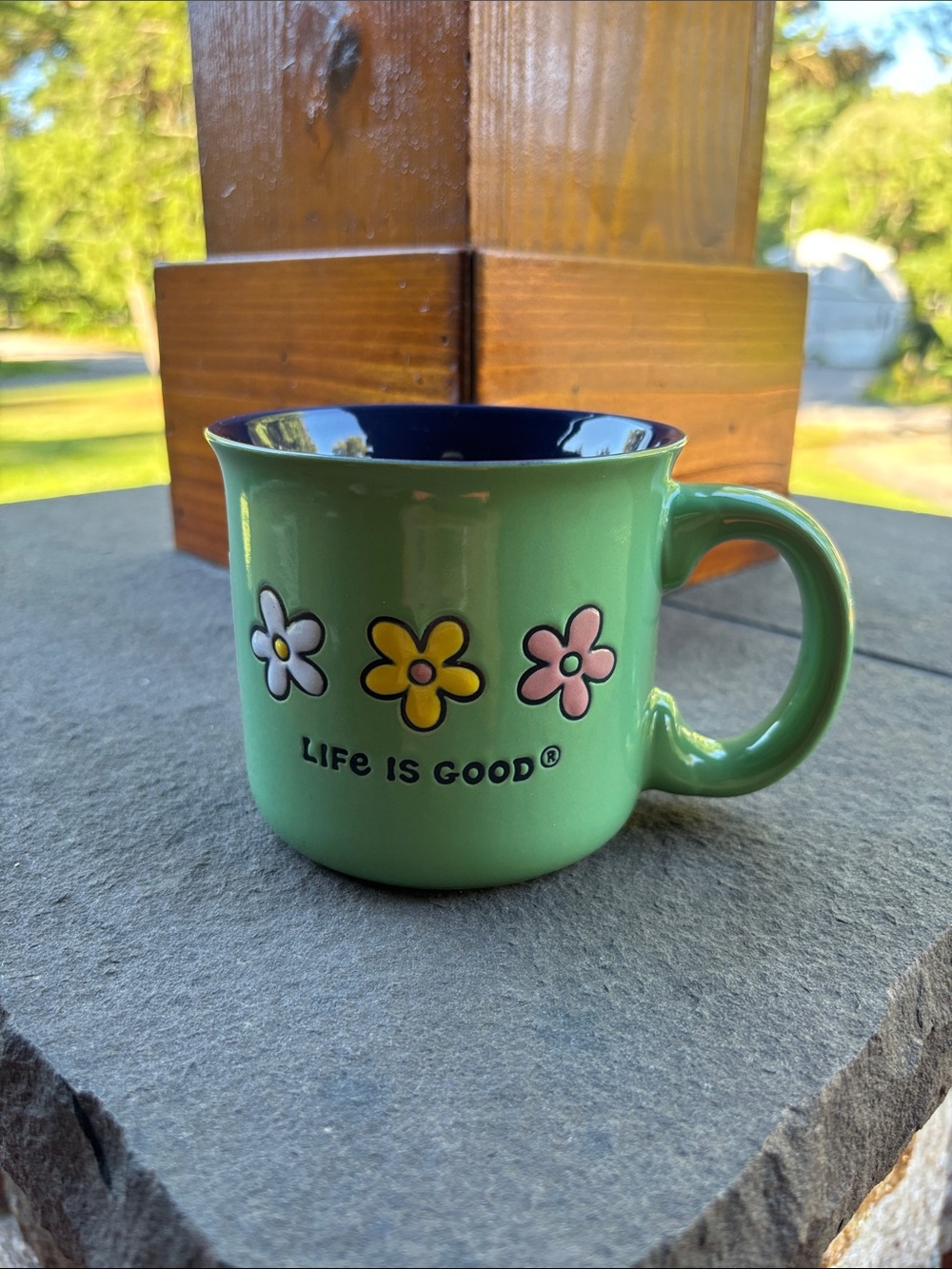 Life Is Good Green Mug with Colorful Daisy Trio